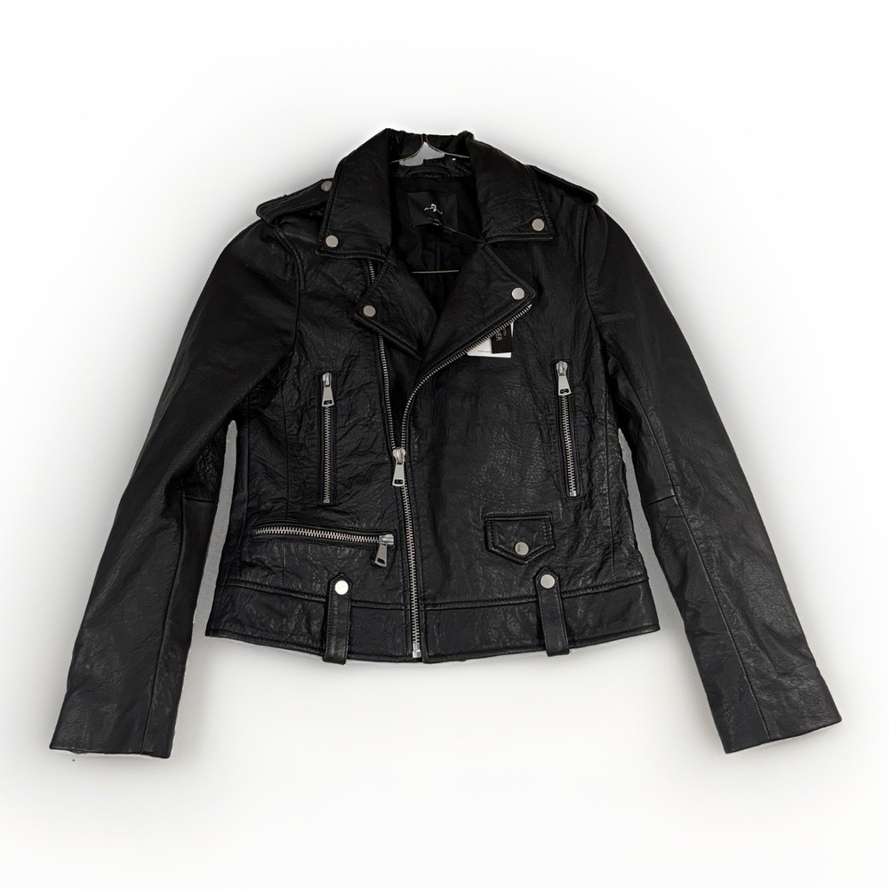 7 For All Mankind Asymmetrical Moto Genuine Pebbled Leather Jacket Black M $695